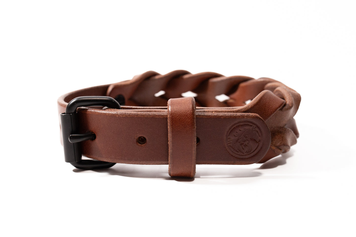 Handcrafted braided leather dog collar. Full grain bridle leather and high quality, heavy-duty black hardware. Cross Winds Leather.