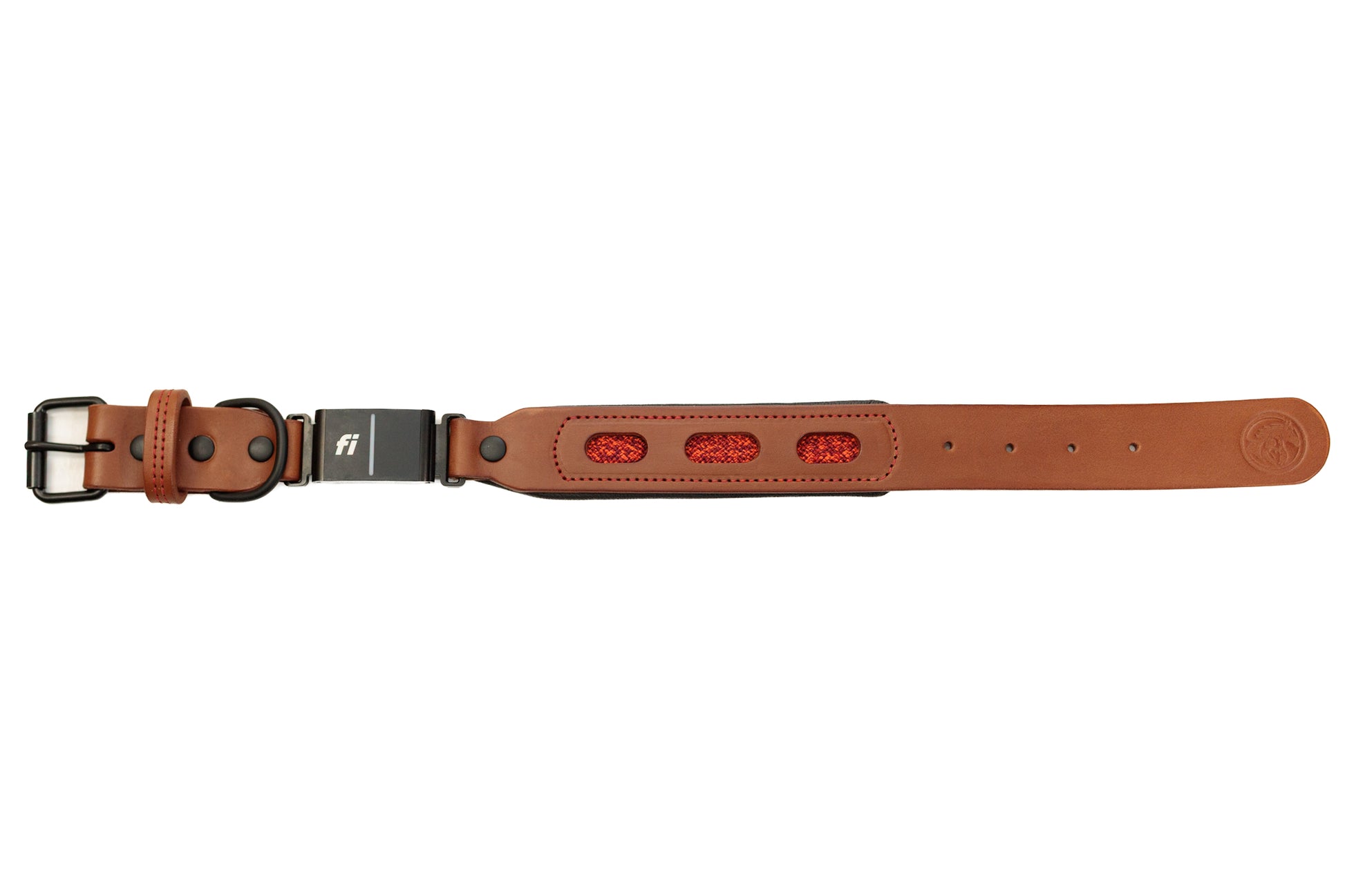 Fi compatible window leather collar, officially tested and approved by Fi. Full-grain bridle leather, climbing rope inlays and heavy-duty black hardware. Cross Winds Leather.