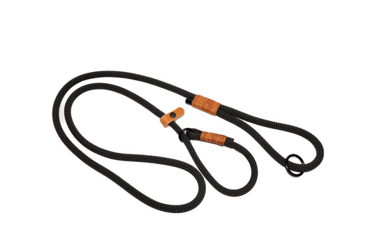 Handcrafted climbing rope and leather dog slip leash. Featuring high quality, heavy-duty black hardware. Rope Handle. Cross Winds Leather.