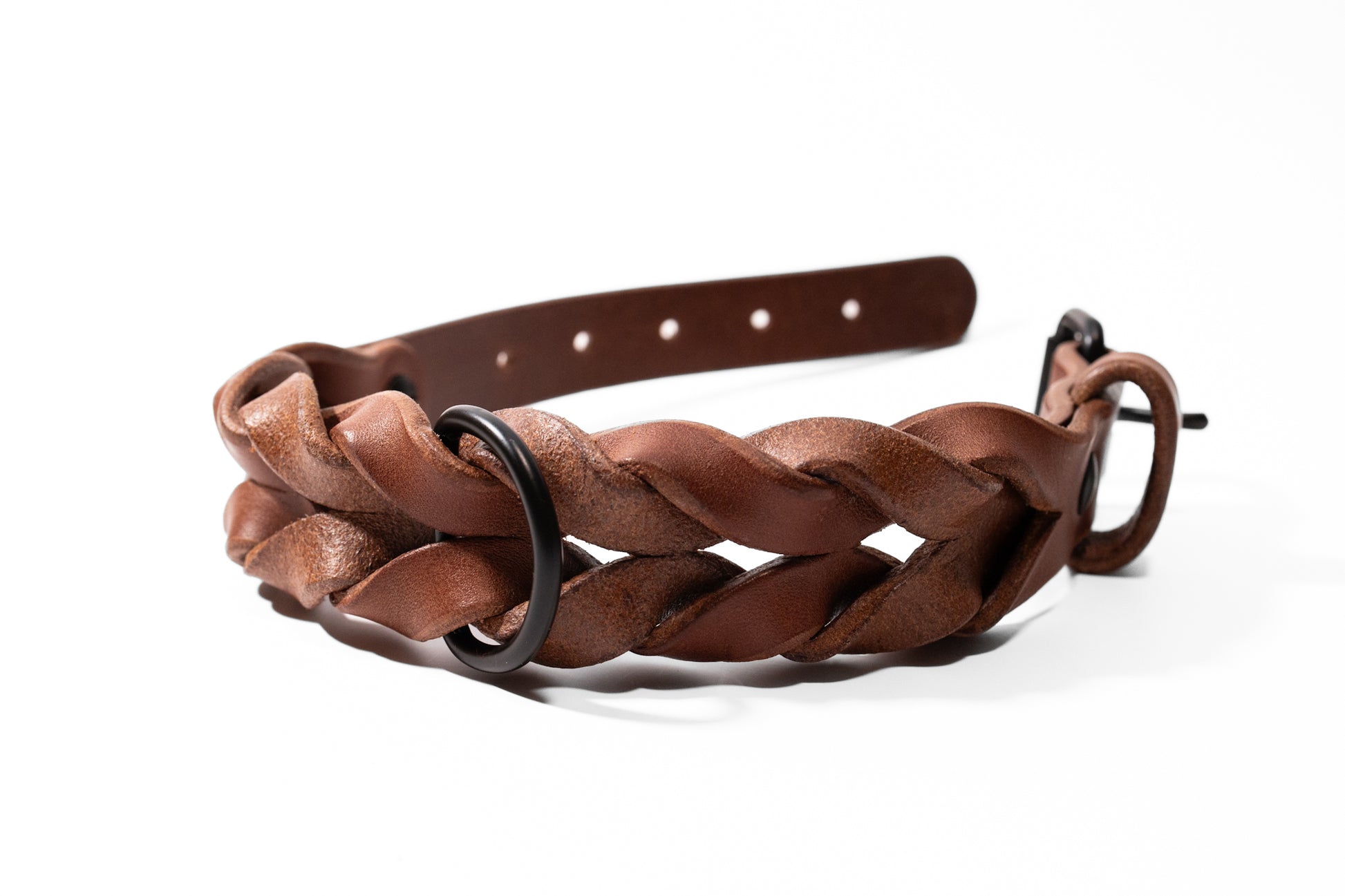 Handcrafted braided leather dog collar. Full grain bridle leather and high quality, heavy-duty black hardware. Cross Winds Leather.