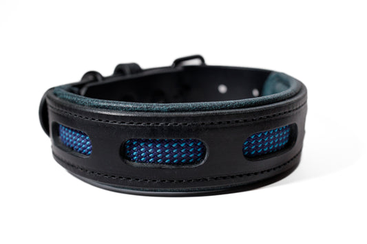 Handcrafted window leather dog collar. Full-grain bridle leather, climbing rope inlays and heavy-duty black hardware. Cross Winds Leather.