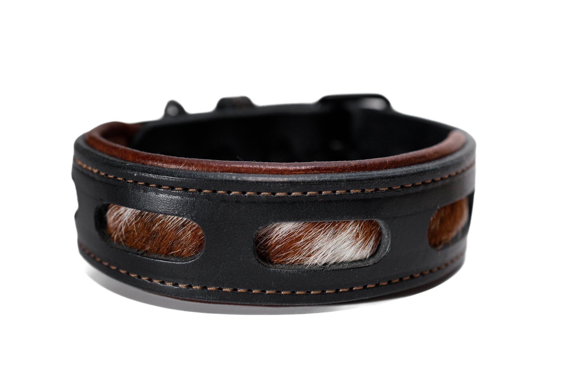 Handcrafted window leather dog collar. Full-grain bridle leather, hair on hide inlays and heavy-duty black hardware. Cross Winds Leather.