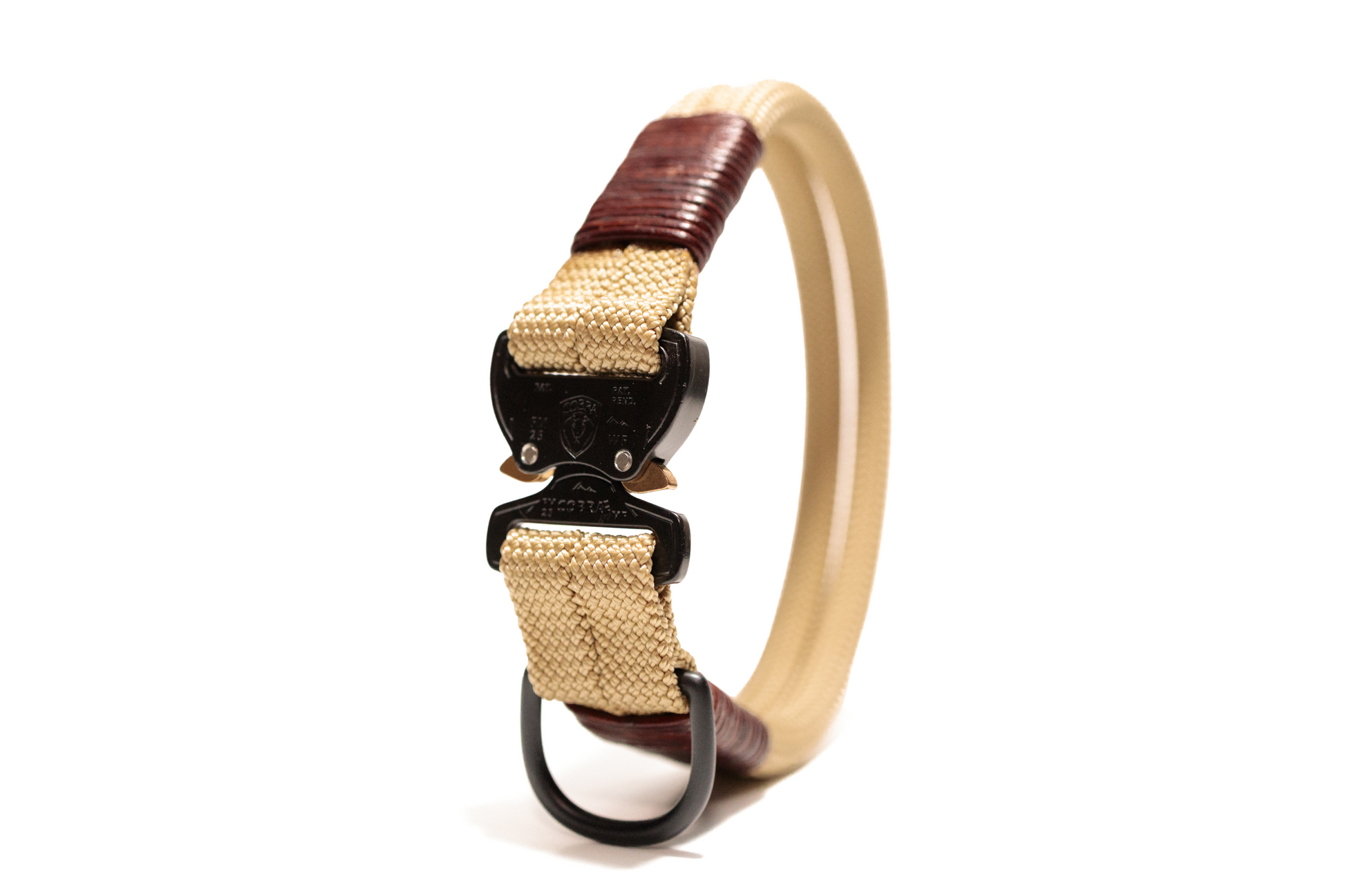 Handcrafted climbing rope and leather fixed dog collar. Featuring high quality hardware, including an AustriAlpin cobra buckle. Custom sizing. Cross Winds Leather.