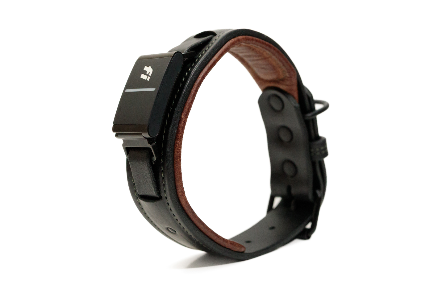 Fi compatible overlay luxe leather collar, officially tested and approved by Fi. Full-grain bridle leather with leather padding and heavy-duty black hardware. Cross Winds Leather.