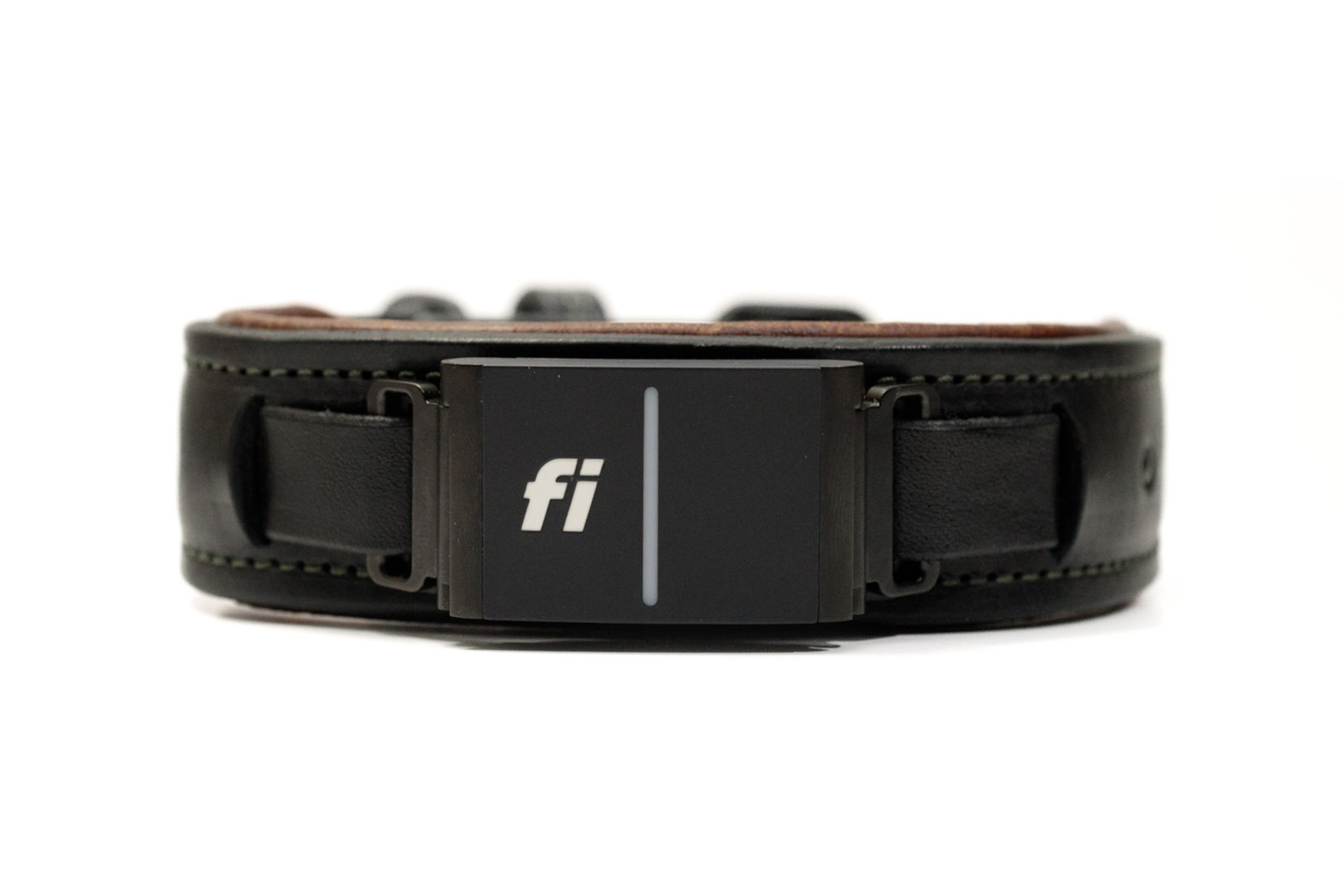 Fi compatible overlay luxe leather collar, officially tested and approved by Fi. Full-grain bridle leather with leather padding and heavy-duty black hardware. Cross Winds Leather.