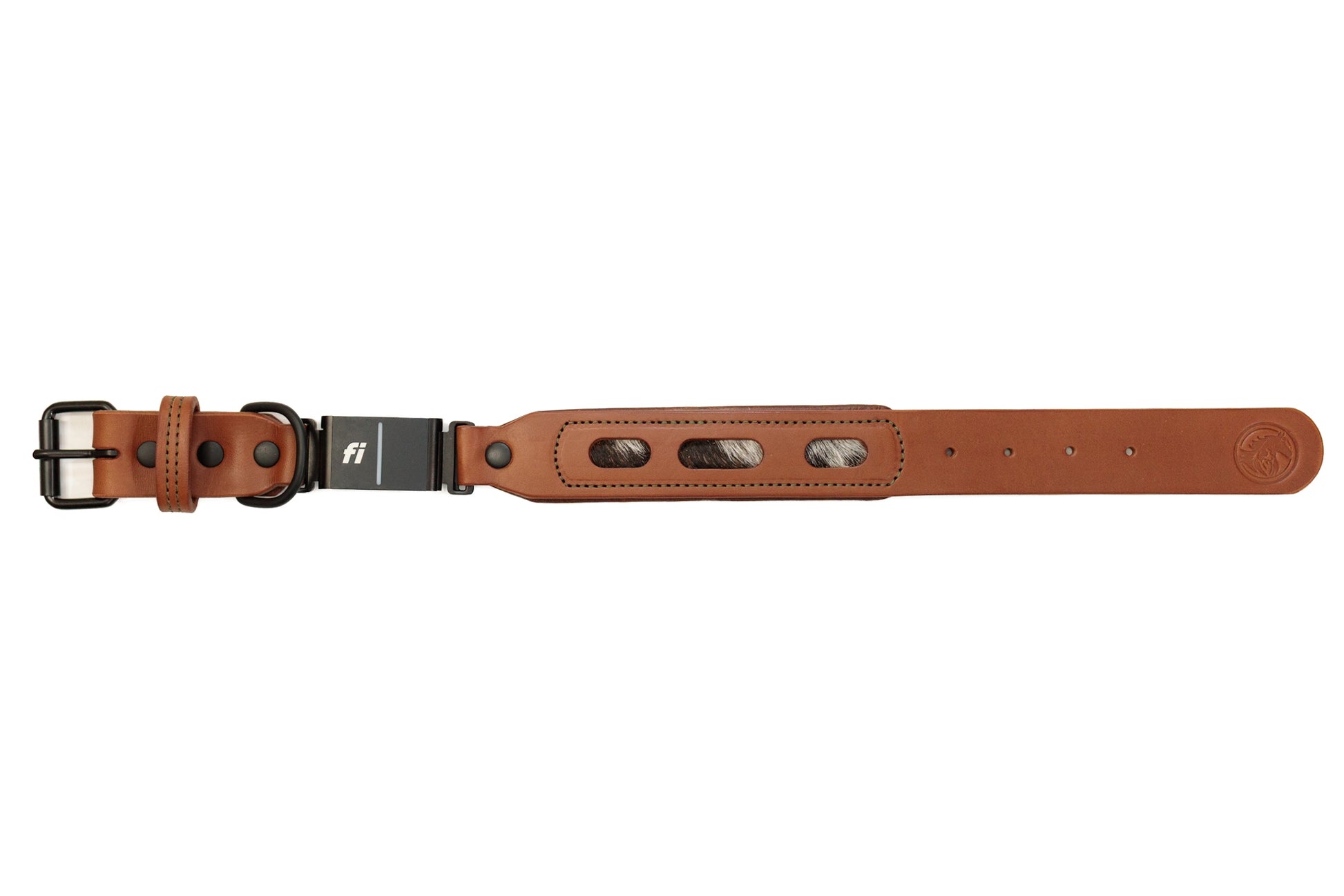 Fi compatible window leather collar, officially tested and approved by Fi. Full-grain bridle leather, hair on hide inlays and heavy-duty black hardware. Cross Winds Leather.