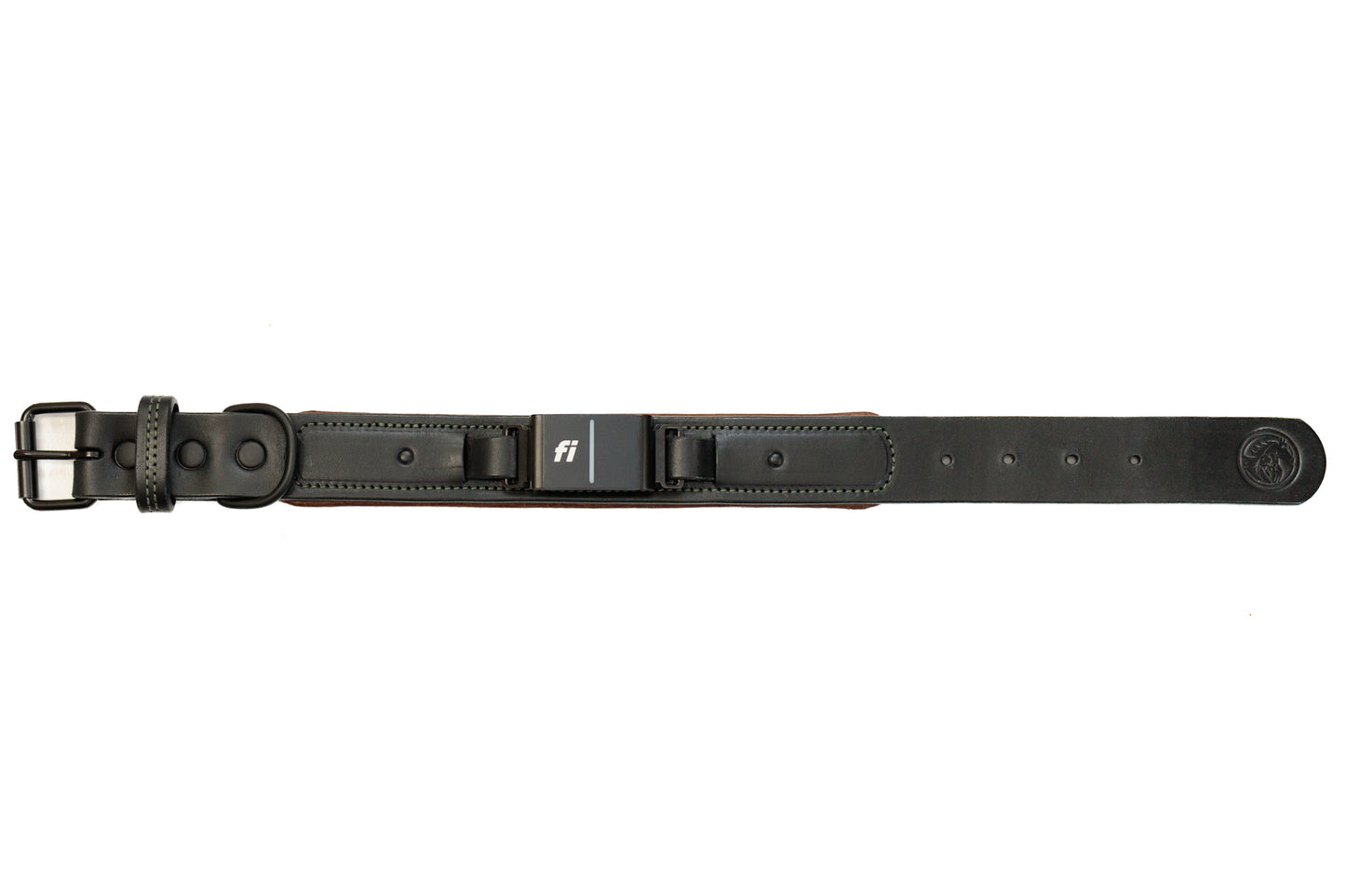 Fi compatible overlay luxe leather collar, officially tested and approved by Fi. Full-grain bridle leather with leather padding and heavy-duty black hardware. Cross Winds Leather.