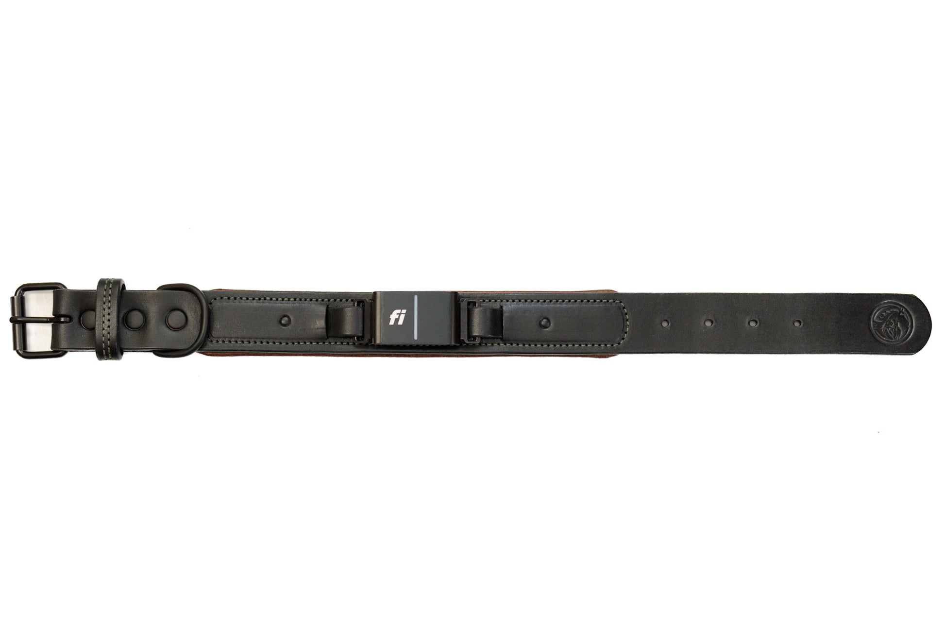 Fi compatible overlay luxe leather collar, officially tested and approved by Fi. Full-grain bridle leather with leather padding and heavy-duty black hardware. Cross Winds Leather.
