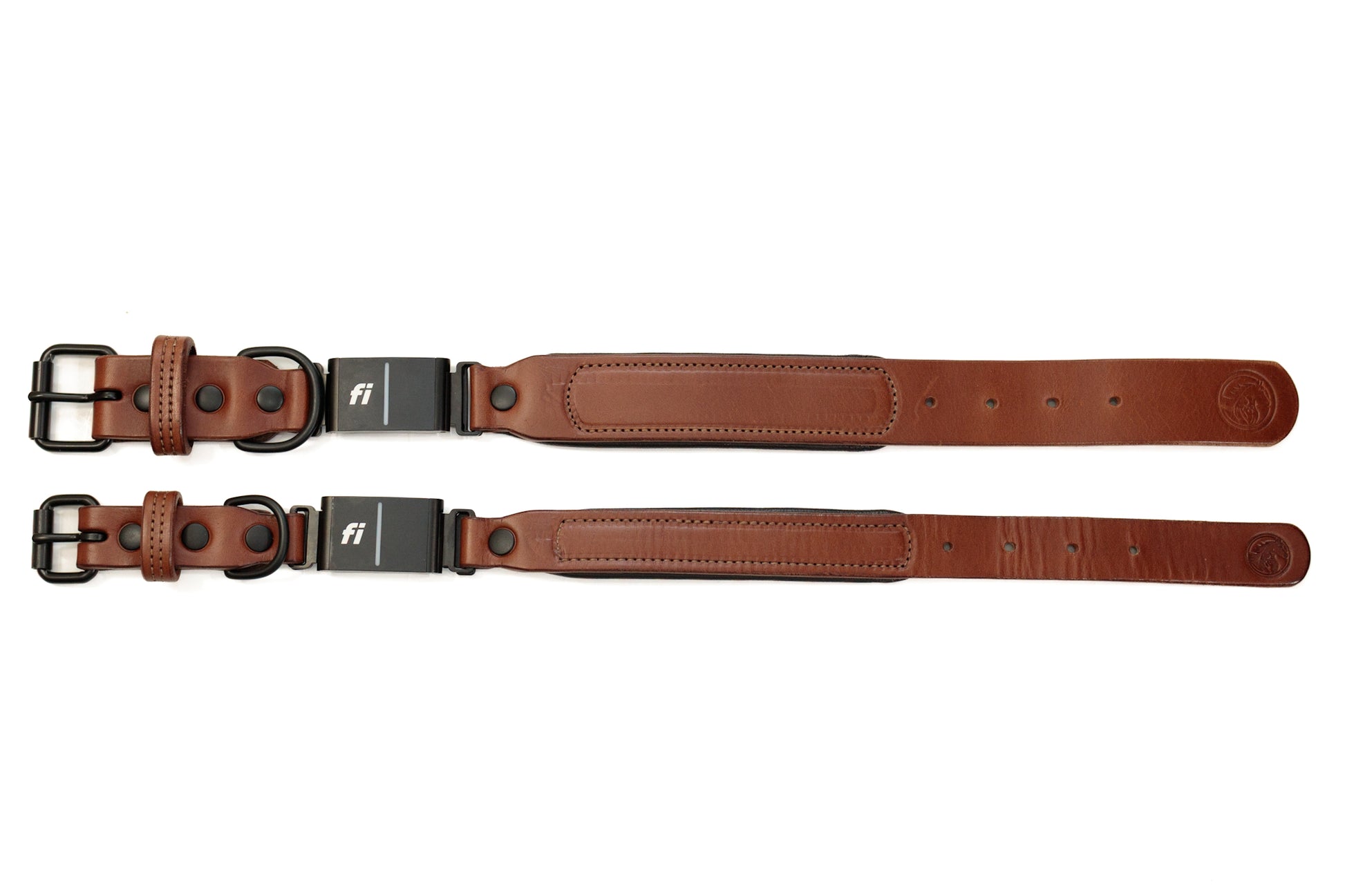 Fi compatible luxe leather collar, officially tested and approved by Fi. Full-grain bridle leather with leather padding and heavy-duty black hardware. Cross Winds Leather.