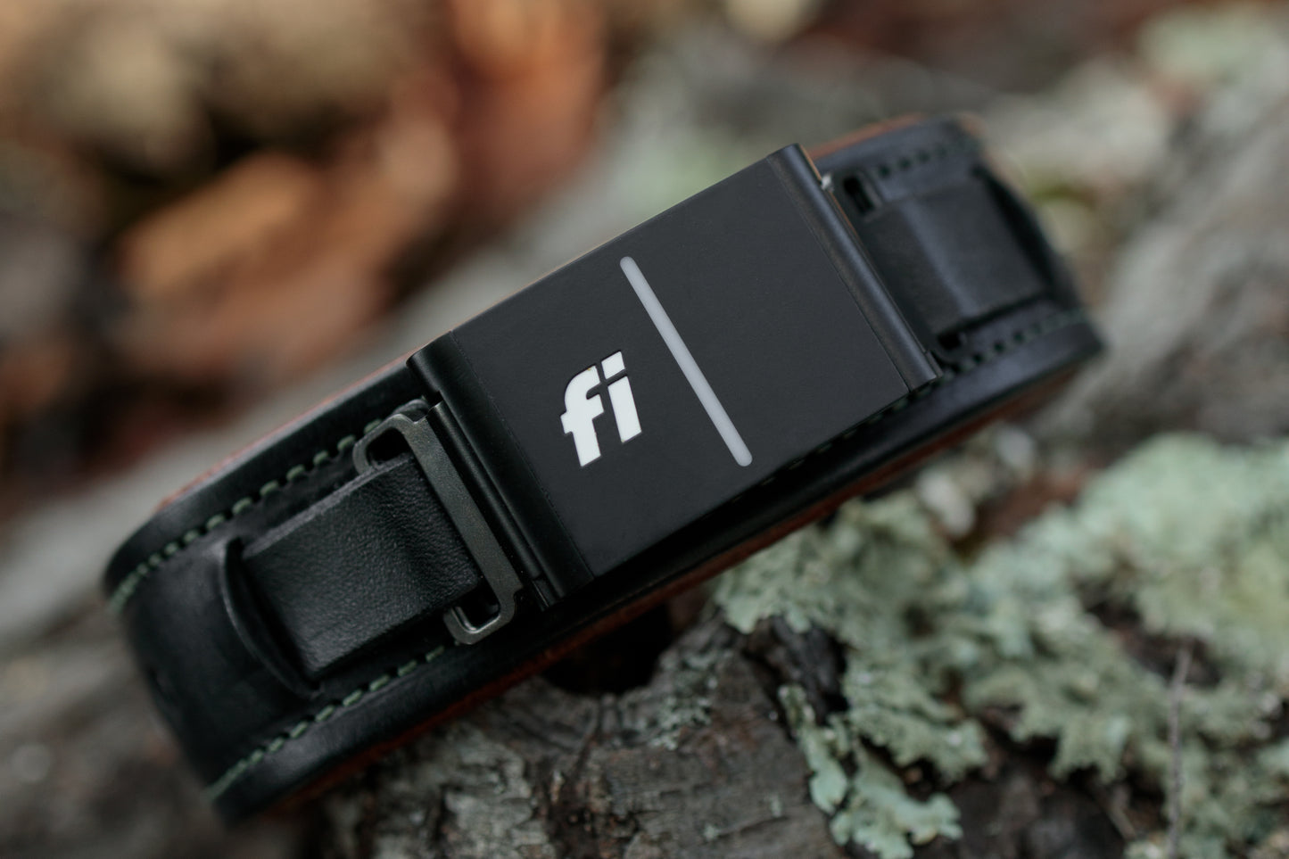 Fi compatible overlay luxe leather collar, officially tested and approved by Fi. Full-grain bridle leather with leather padding and heavy-duty black hardware. Cross Winds Leather.