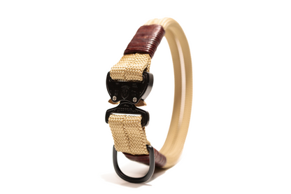 Handcrafted climbing rope and leather fixed dog collar. Featuring high quality hardware, including an AustriAlpin cobra buckle. Custom sizing. Cross Winds Leather.