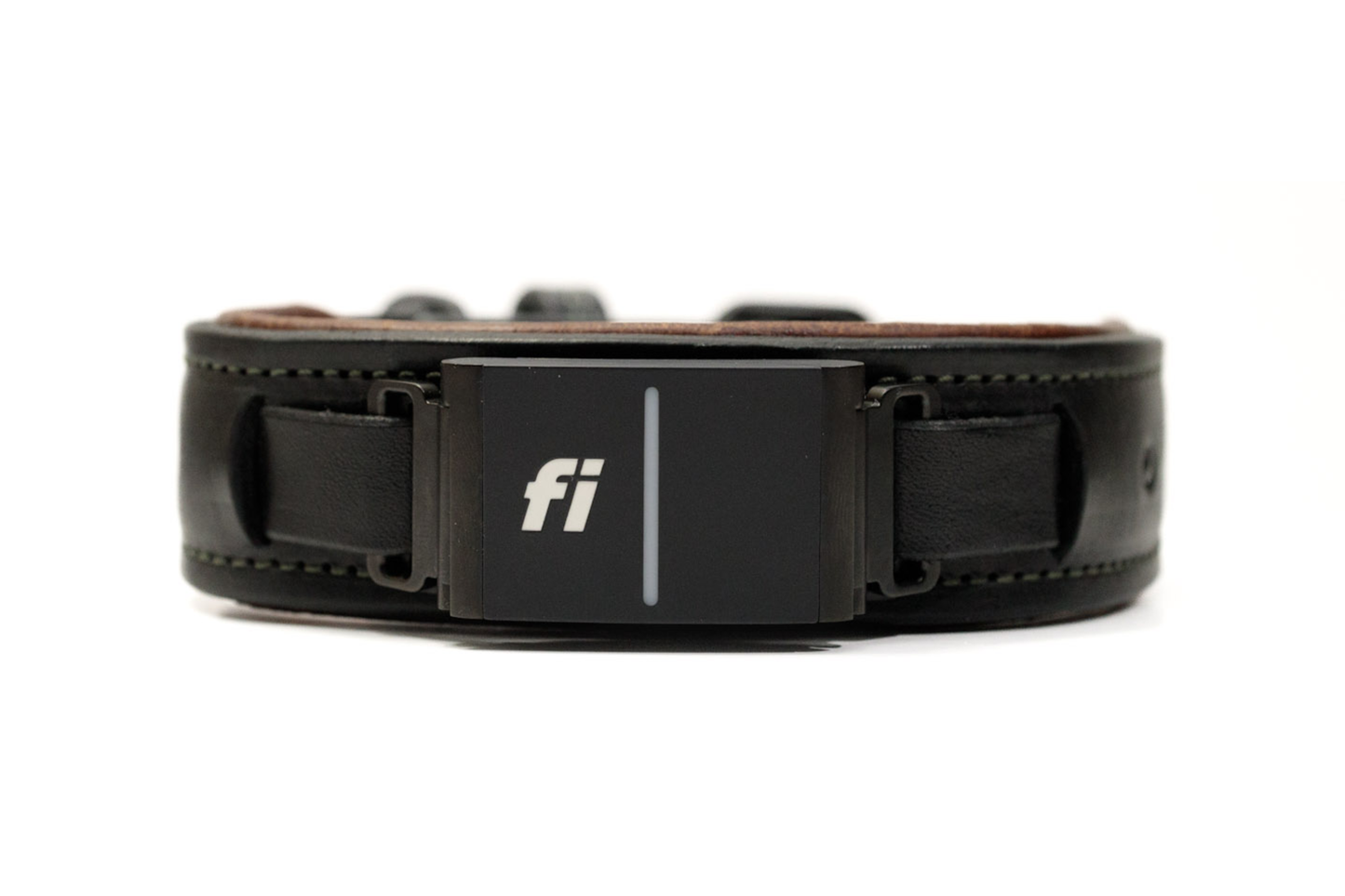 Fi compatible overlay luxe leather collar, officially tested and approved by Fi. Full-grain bridle leather with leather padding and heavy-duty black hardware. Cross Winds Leather.